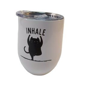 Travel Wine Tumbler Cat Yoga Kitten Black Cat Inhale Exhale Metal With Lid NWOT